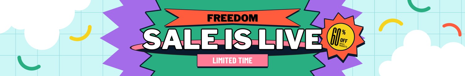 Freedom sale banner with 60% off on all products – limited time offer